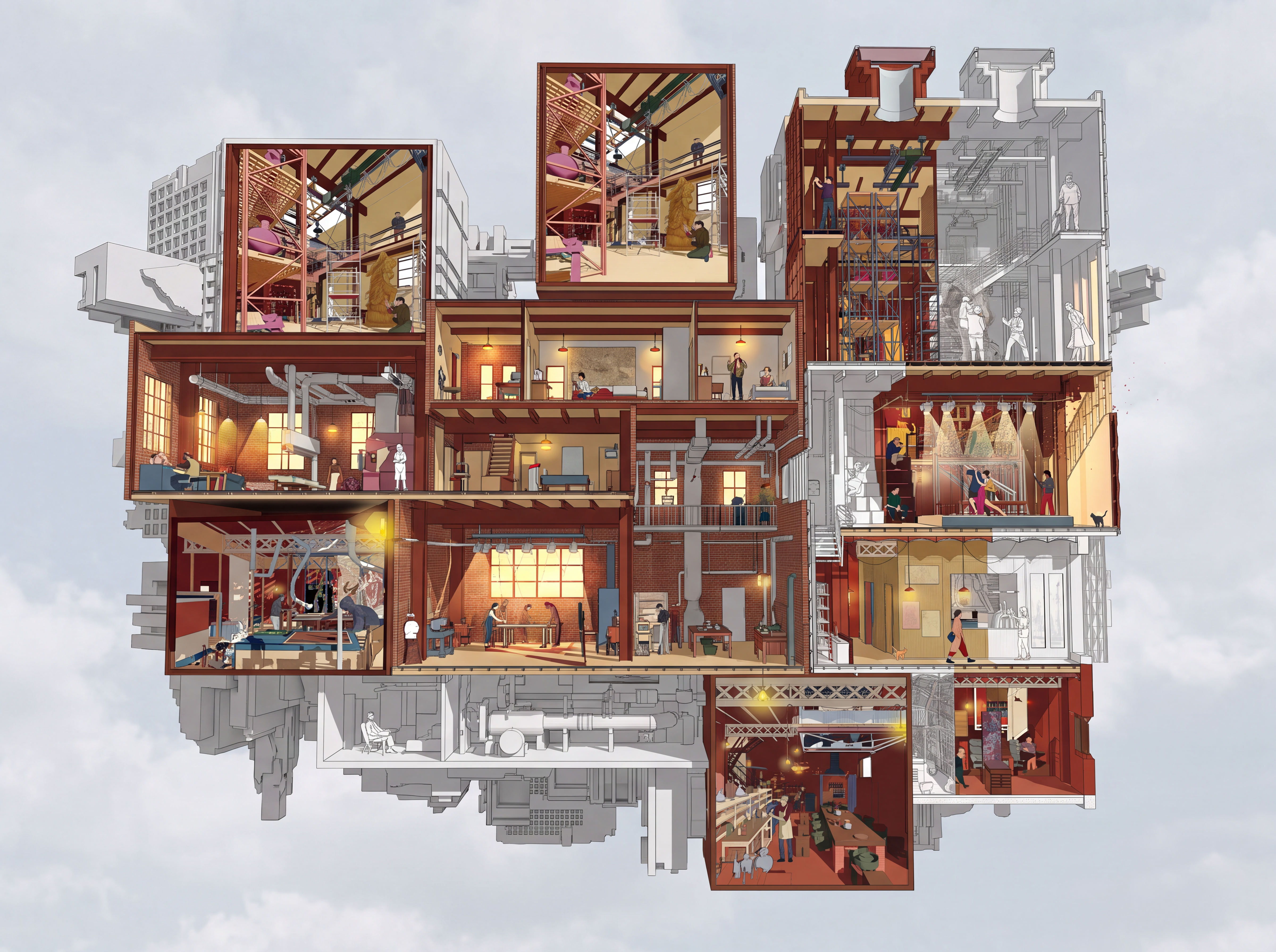 Coloured cutaway section of the floating structure showing every floor