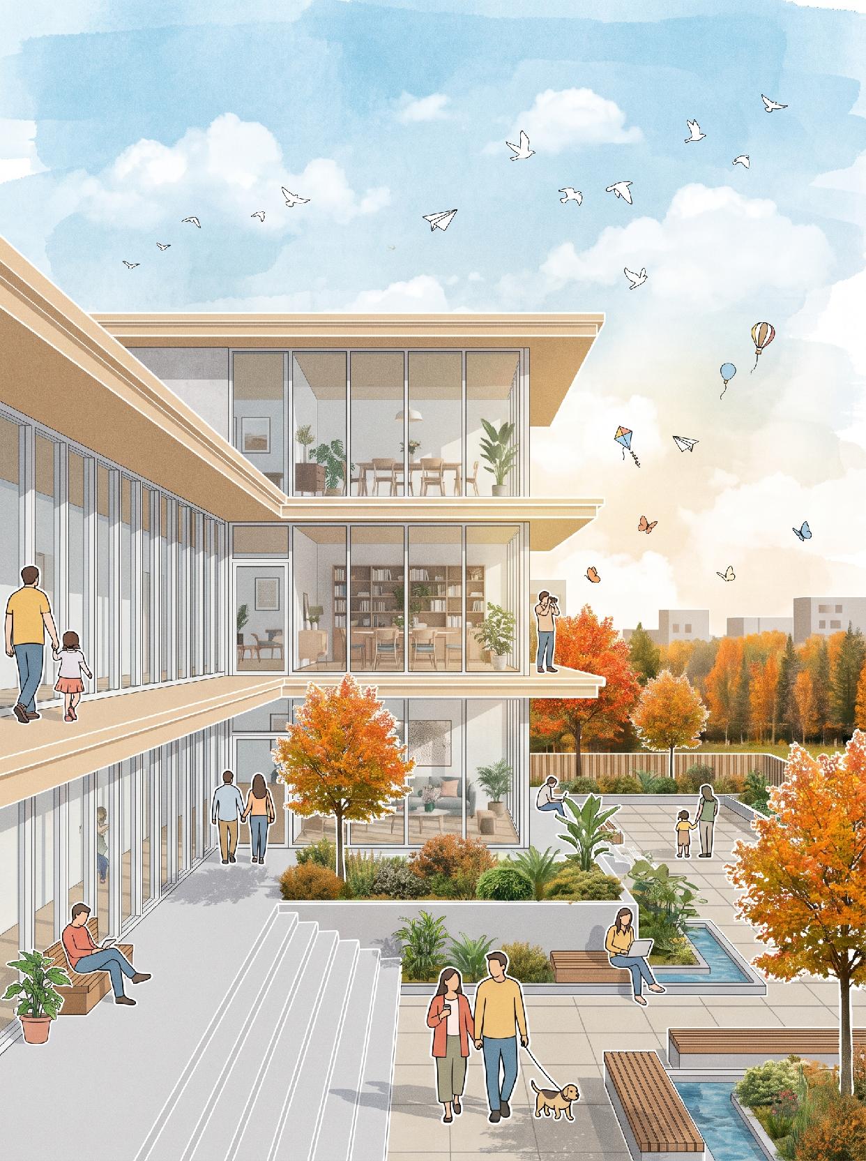 Generate an architectural illustration style rendering, with an overall style of [realistic building materials