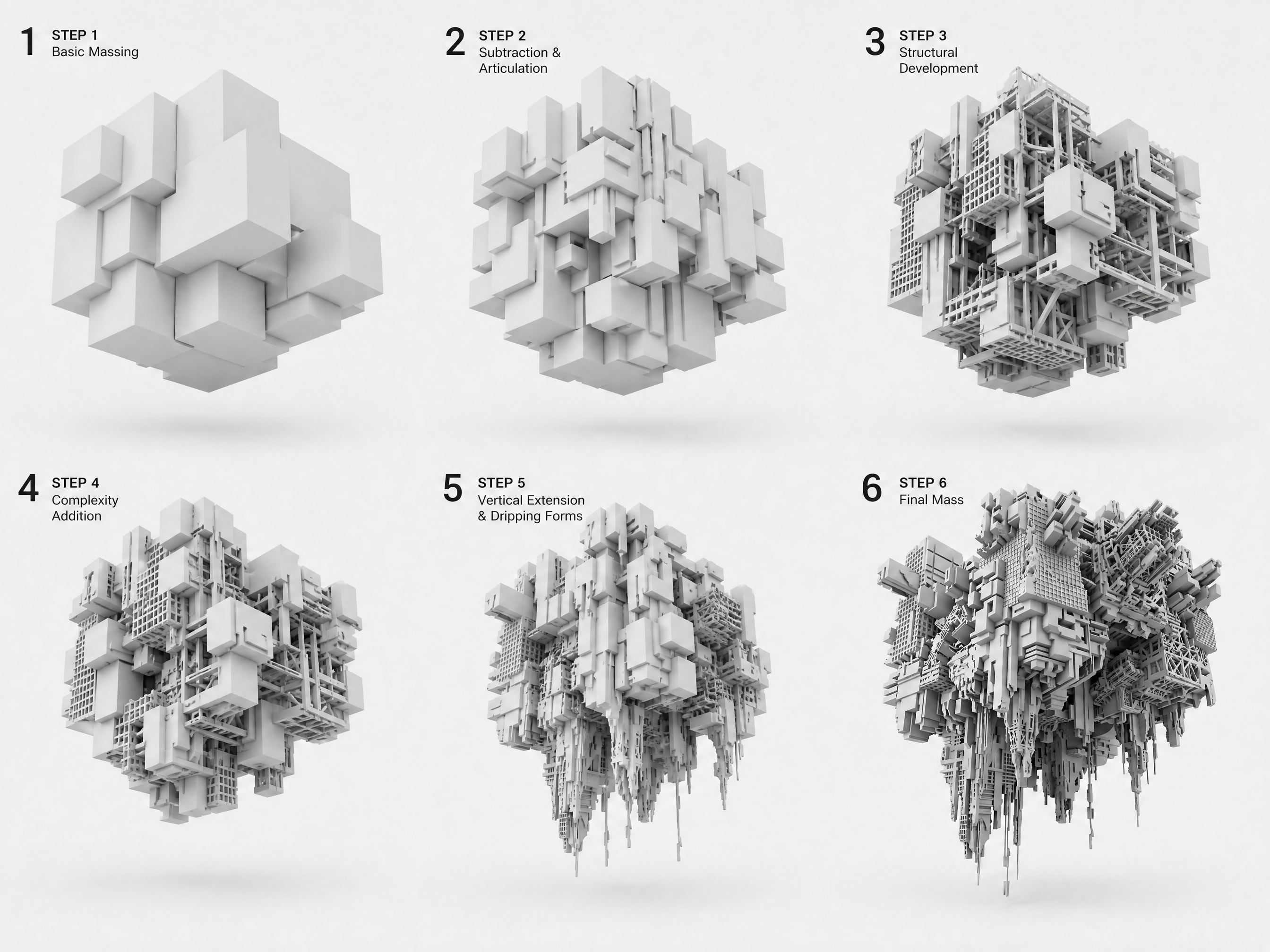 Six-step AI massing study progression from basic massing to final mass