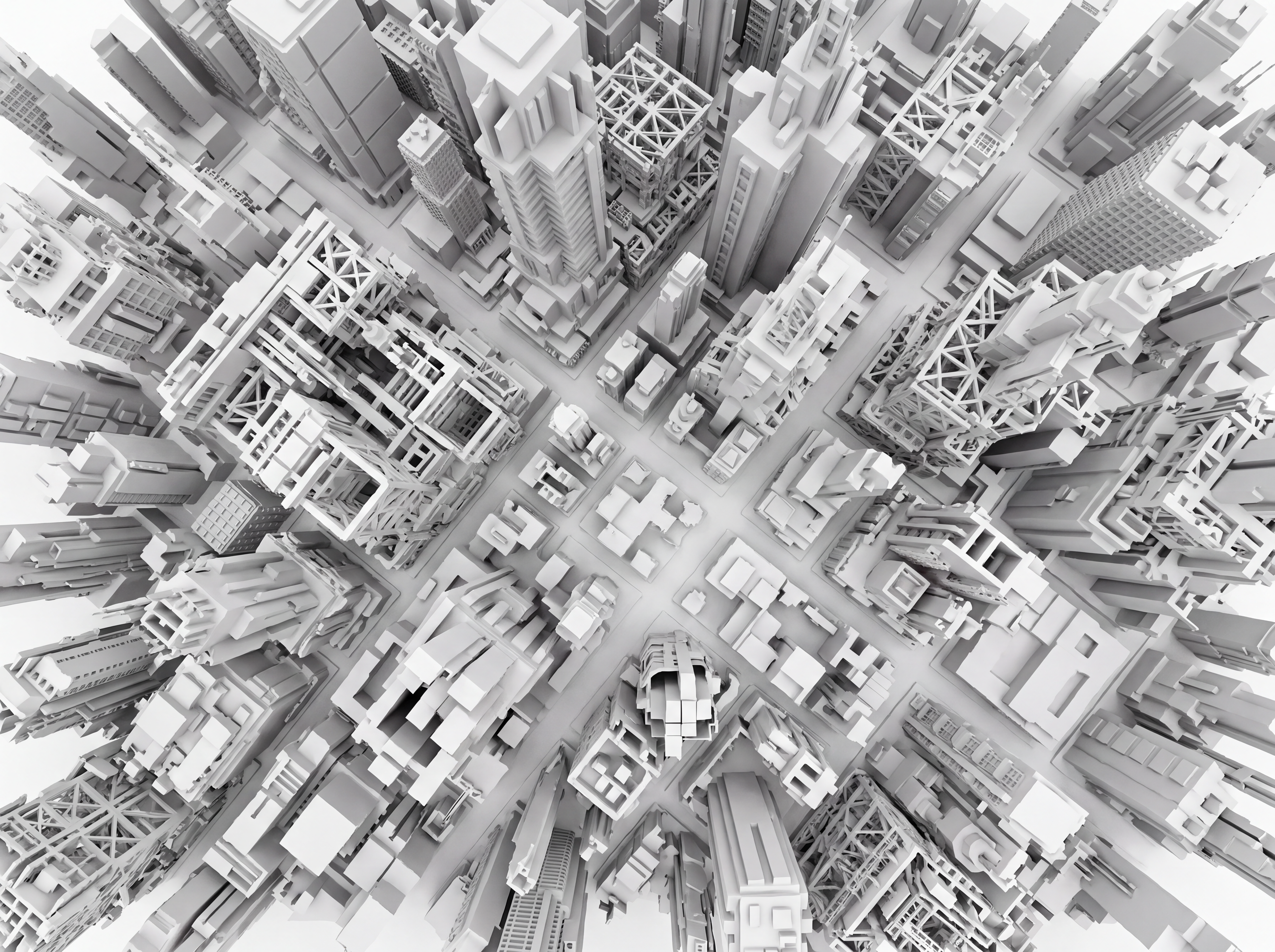 Top-down aerial view of a dense AI-generated model city