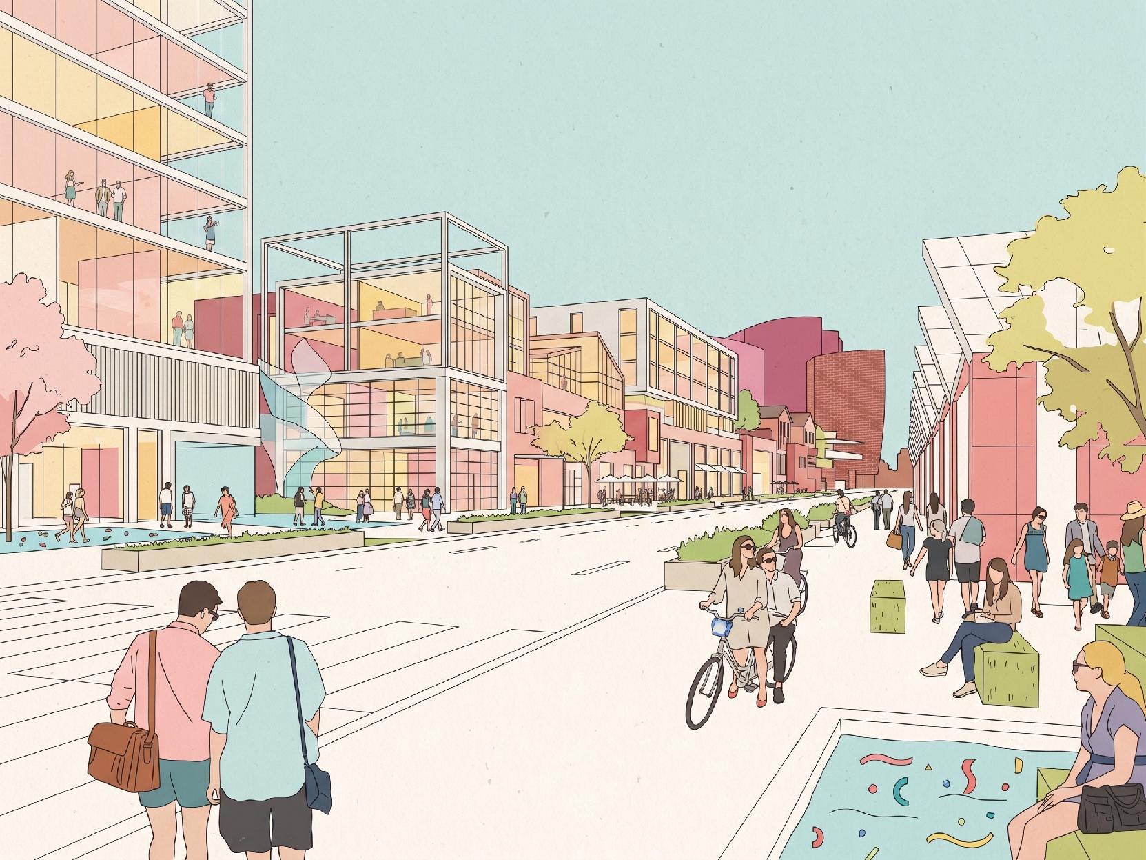 Transform the model screenshot into an architectural collage-style rendering, using a two-point perspective vi