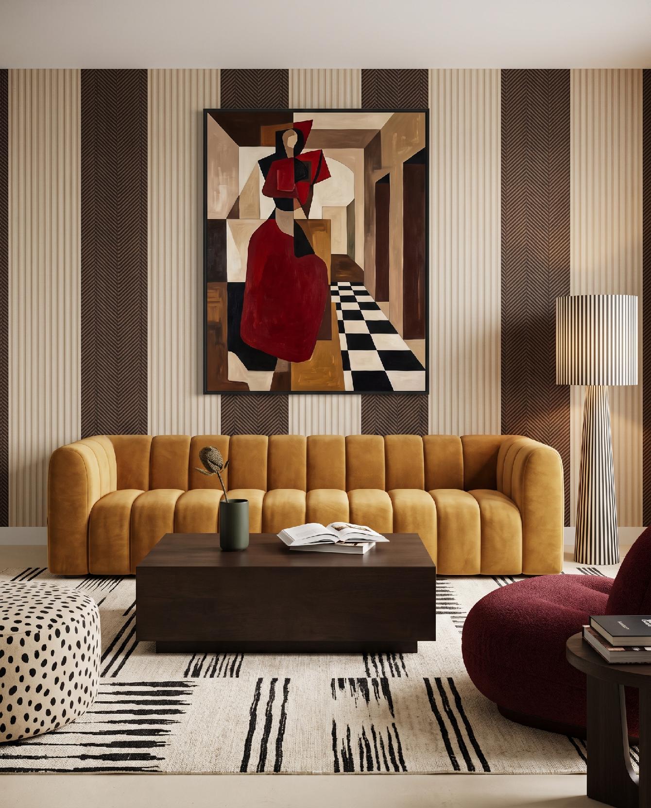 A photograph of a warm and eclectic living room with a sophisticated, art-forward aesthetic, captured at eye-l