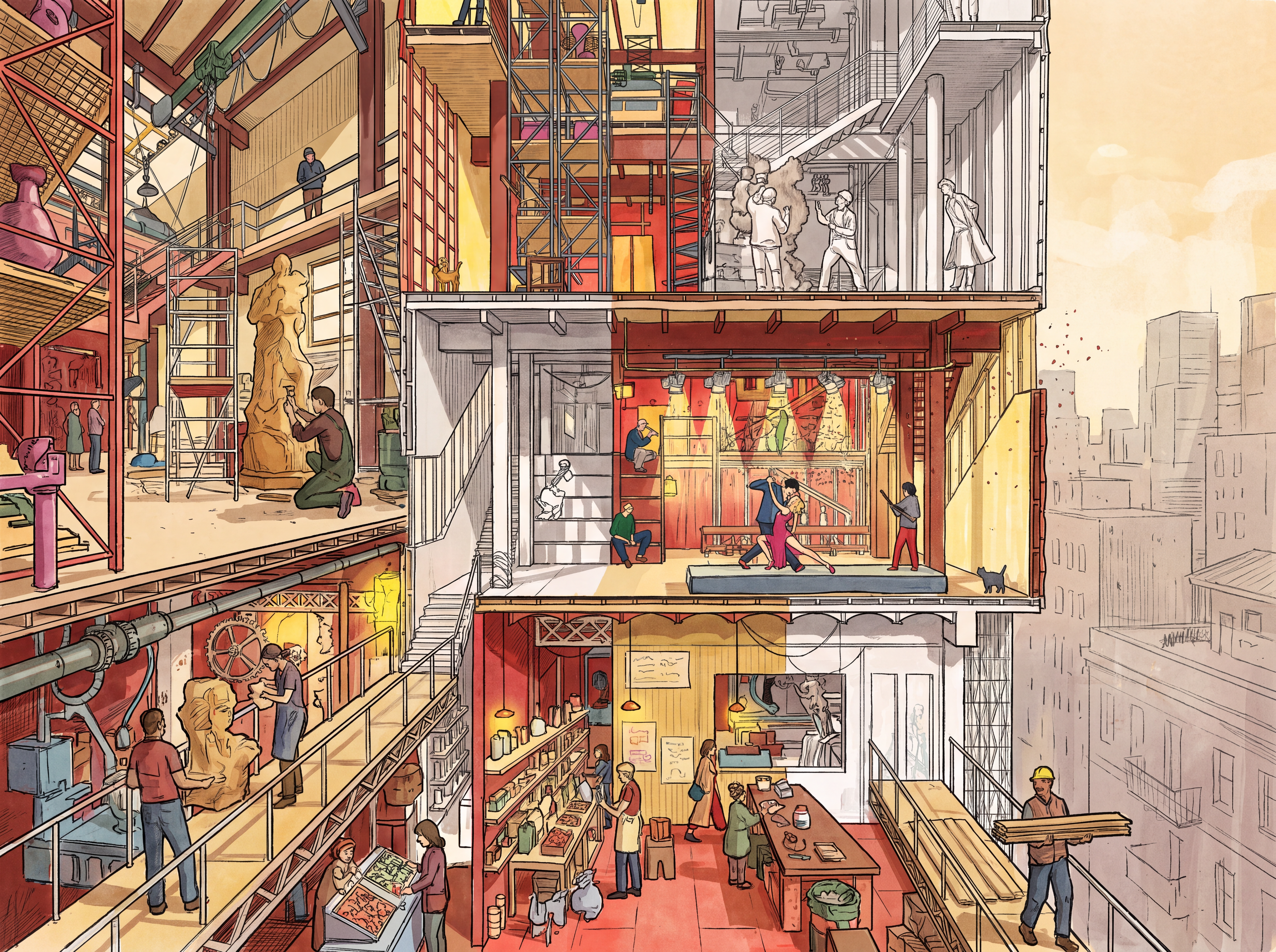Hand-drawn architectural section of a multi-storey creative building