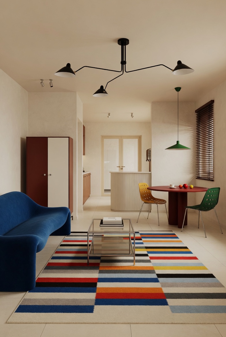 A photograph of a vibrant, retro-modern open-plan living and dining area with eclectic, playful design element