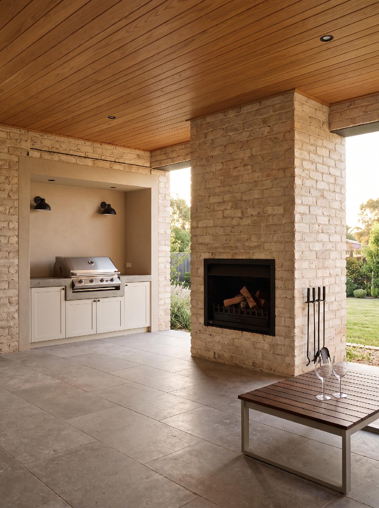 A photograph of a warm and rustic-modern outdoor living room with natural materials and a sophisticated entert